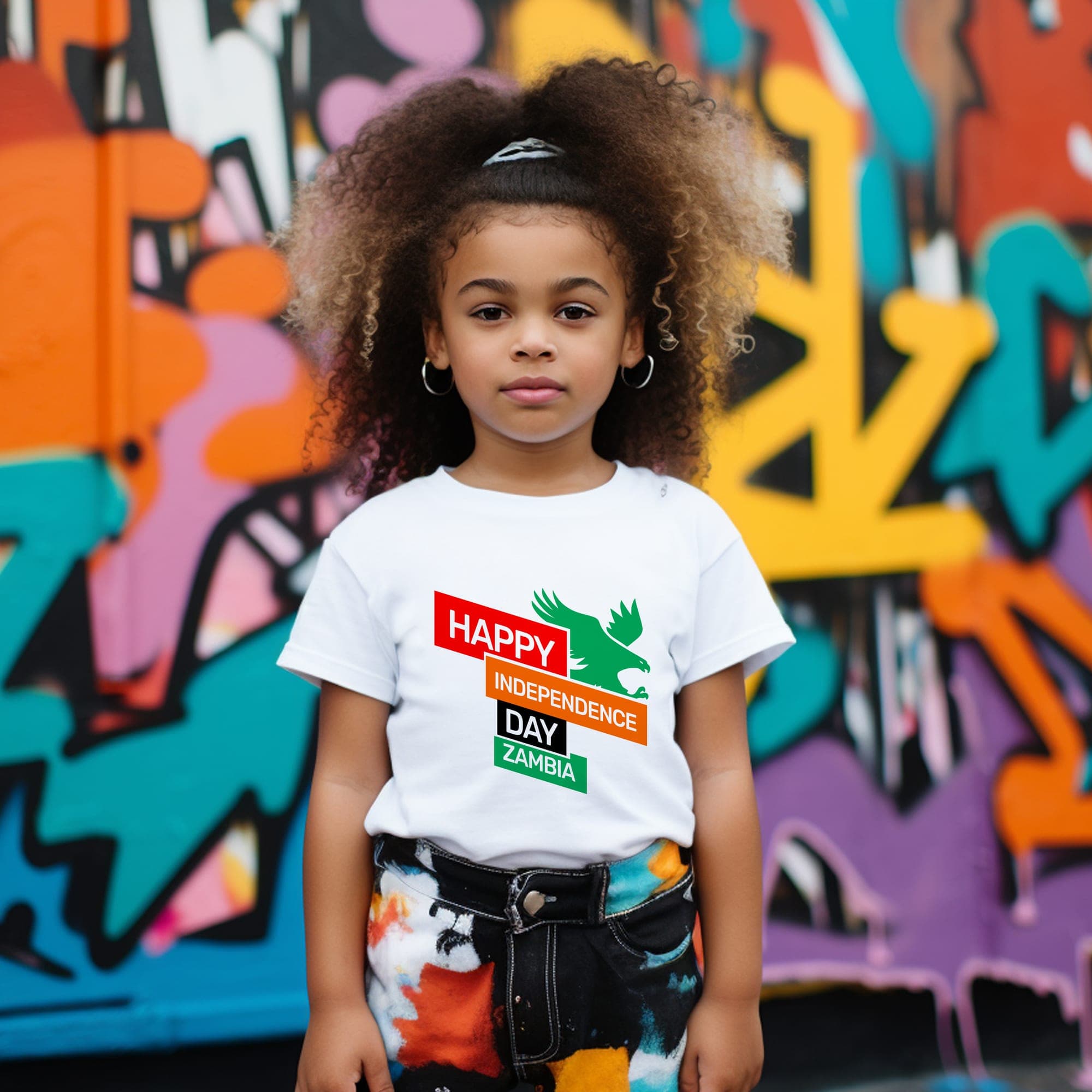 Child wearing a white Happy Independence Day Zambia t-shirt