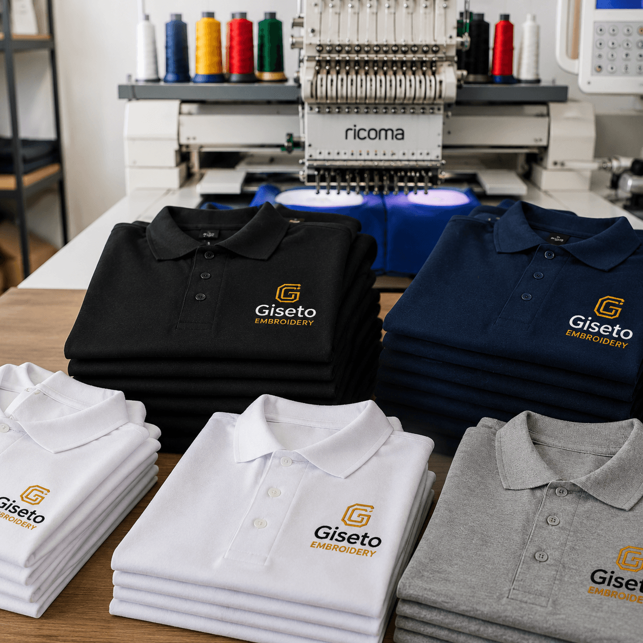 Stacks of branded Giseto polos beside a Ricoma embroidery machine
